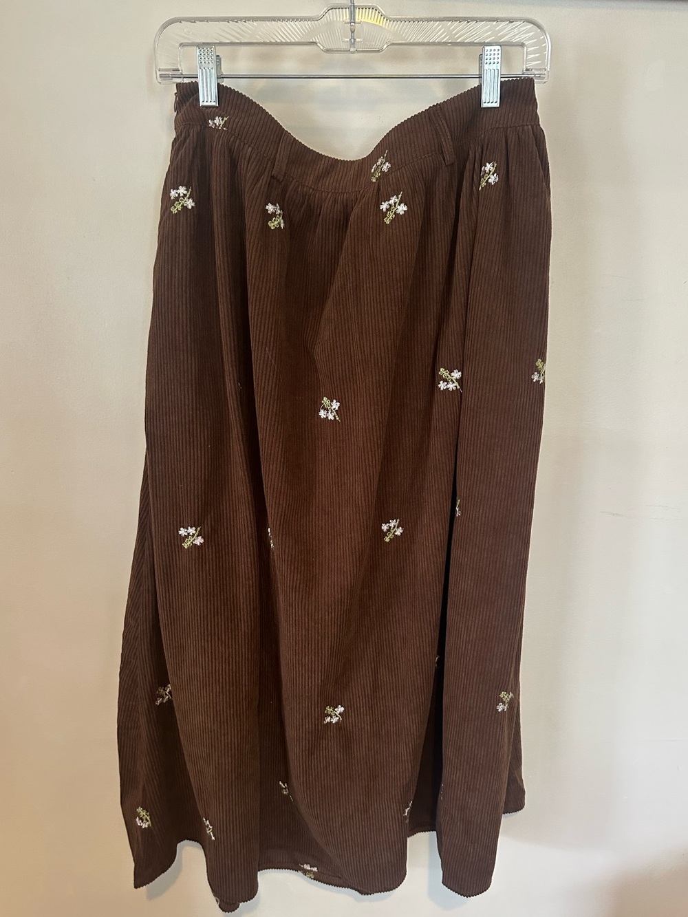 Cider Brown Corduroy Maxi Skirt with White Floral Embroidery